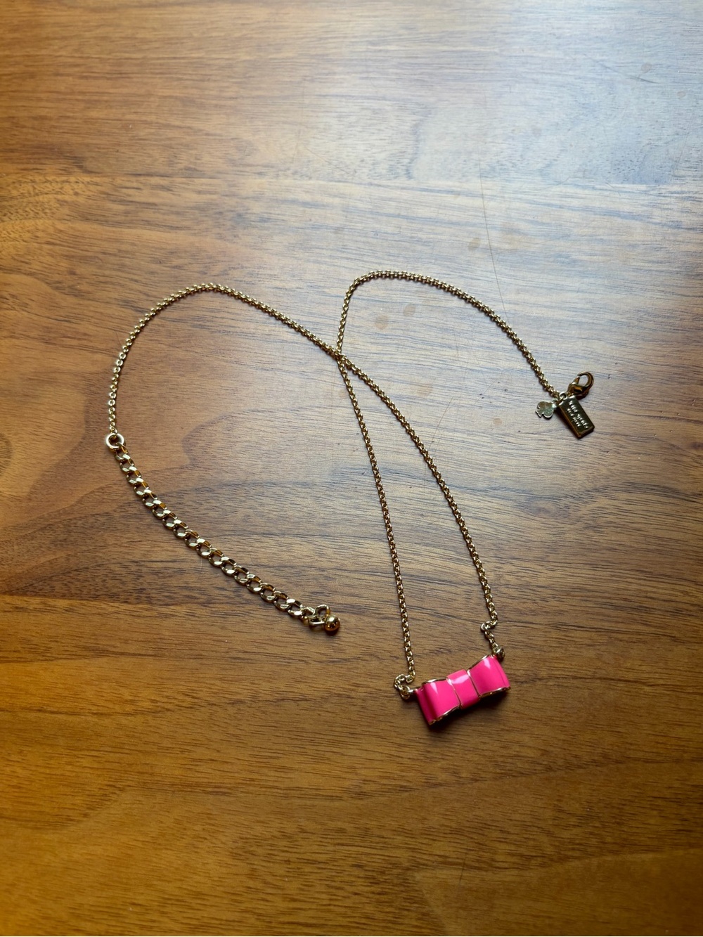 Kate Spade New York Take a Bow Pink Enamel Bow Necklace Gold Tone Signed